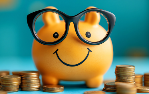 Piggy Bank With Black Glasses and Coins Around The Piggy Bank